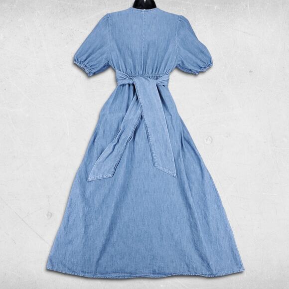 Old Navy Twist Front Midi Dress Womens S Denim Blue Puff Sleeve Cottage Boho - Picture 3 of 12